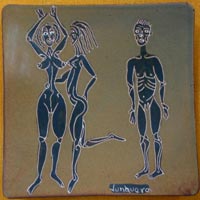 "desilusion" painted stoneware square plate with two females and male, "desilucion" plato pintado en ceramica stoneware con 2 mujeres y hombre