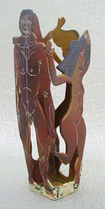 square large vase with a nude figure on each side compleately cut out, vaso cuadrado grandede ceramica alta temperatura con figuras desnudas completamente recortadas, pintadas y esgrafiadas