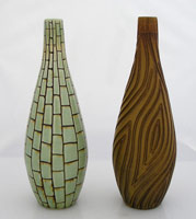 decorated bottles with bamboo and veneer designs in stoneware, botellas decoradas en tema bambu y veta madera en gress