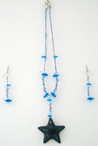 blue stoneware star necklace with cristals and earrings, collar azul con estrella de gress y cristales con aretes