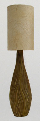 bottle stoneware lamp decorated as wood veneer with hand made paper shade, pantalla botella decorada como veta de madera con pantalla de papel hecho a mano